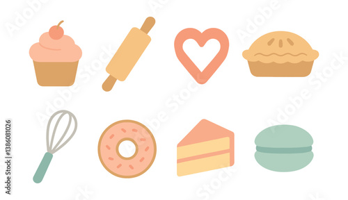 Flat bakery icons set: whisk, cupcake, pie, donut, heart, rolling pin, cake