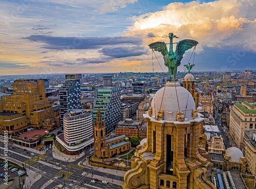 Aerial view of the Royal Liver building, a Grade I listed building in Liverpool, England