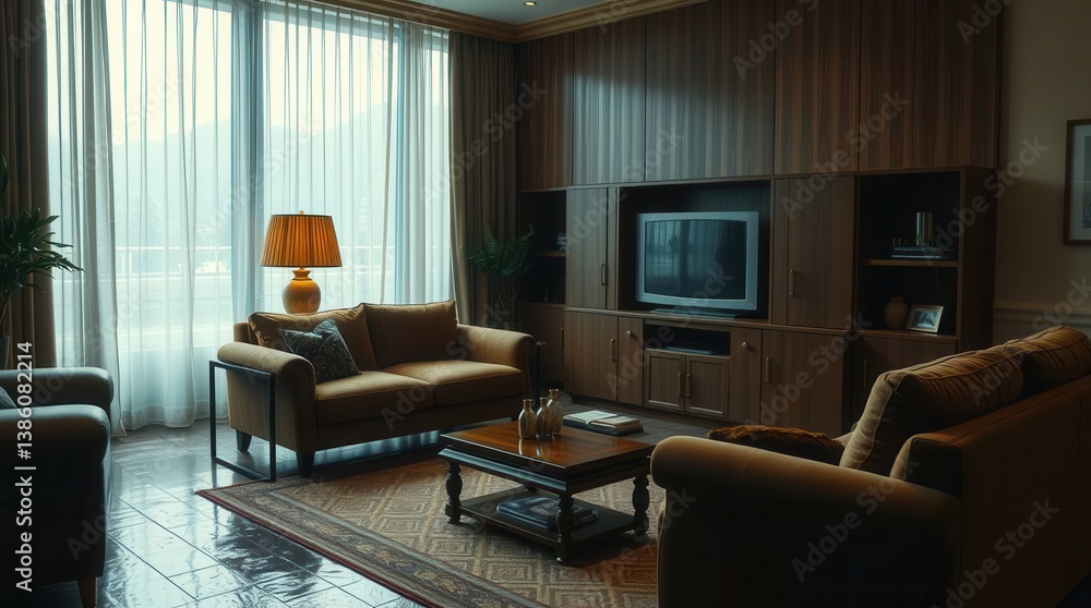 Fototapeta premium Living room with cozy furniture, entertainment center, coffee table, rug and large sheer-curtained window.