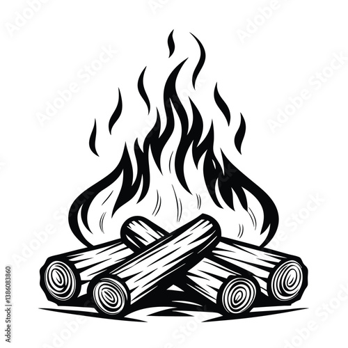 Bonfire Art Monochrome Woodpile, Burning Logs, Fire Flames,