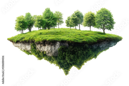 Floating island with lush green trees and grass a nature paradise, isolated on transparent background
