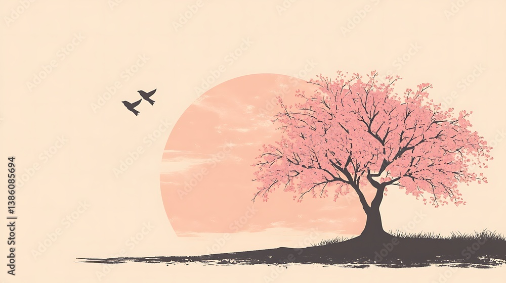 A beautiful pink flowering tree with birds and the sun rising