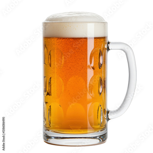 Golden beer with thick white head in a dimpled glass mug.