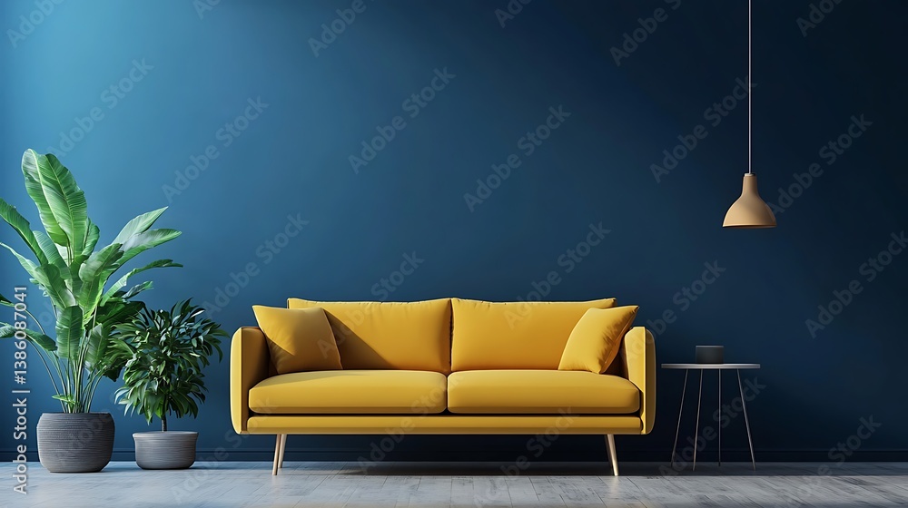 Interior design features a mustard sofa with plants and a lamp