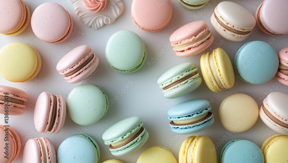 A pastel macaron flatlay masterpiece captured with stunning clarity and soft studio light, perfect for dessert lovers and bakery branding.