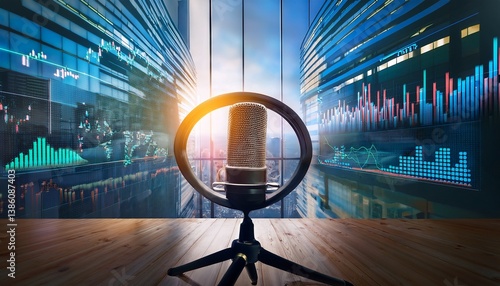 business podcast studio with financial charts
