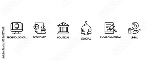 Septel banner web icon vector illustration concept of political economic social technological environmental legal with icon of governance, finance, network, automation, ecology, law statement