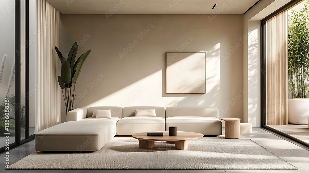 A modern minimalist living room with plants and natural light