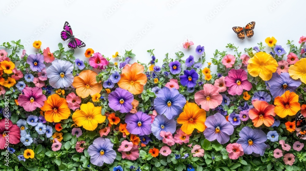 A high-angle view of a colorful garden full of blooming petunias, pansies, and marigolds, with butterflies flying around, on a white background A high-angle view of a colorful garden full of blooming petunias, pansies, and marigolds, with butterflies flying around, on a white background