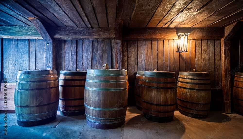 rustic wooden barrels lined against the rustic wall in a dimly lit storage room with a warm and inviting atmosphere rustic wooden barrels lined against the rustic wall in a dimly lit storage room with a warm and inviting atmosphere