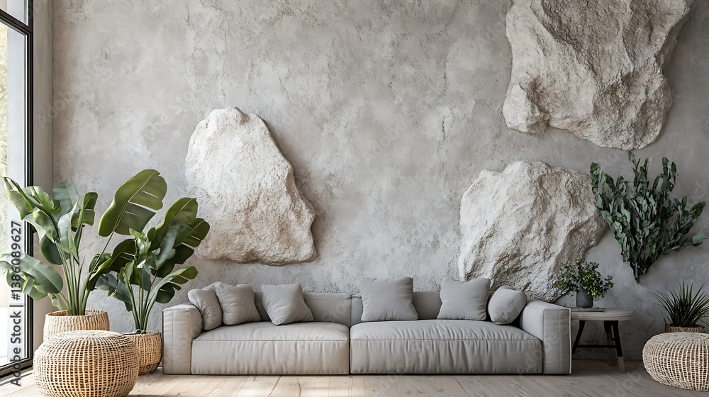 Modern minimalist living room design featuring large decorative stone wall
