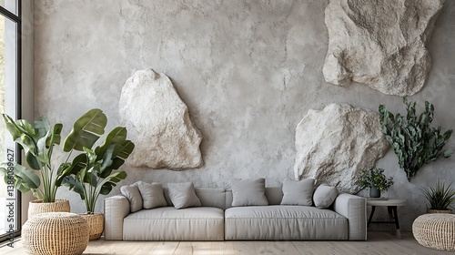 Obraz na płótnie Modern minimalist living room design featuring large decorative stone wall w salonie