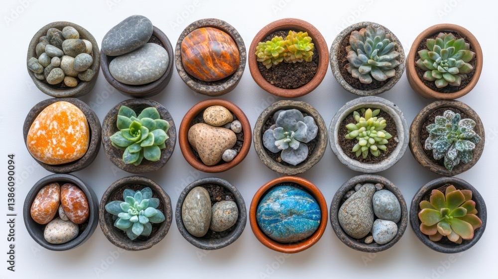 A top-down shot of a collection of colorful pebbles and small plants arranged neatly in a decorative container, on a white background A top-down shot of a collection of colorful pebbles and small plants arranged neatly in a decorative container, on a white background