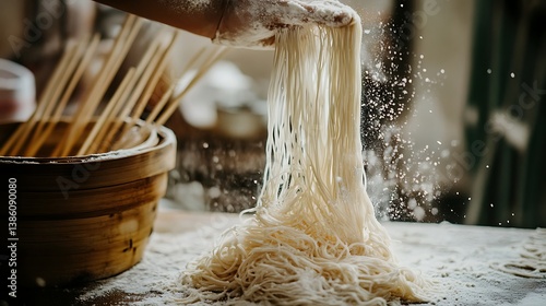 Hands dusted with flour pulling fresh noodles highlighted by a rich texture with a soft-focus background of wooden bowls and kitchen utensils