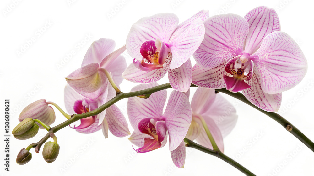 Macro photo of pink phalaenopsis orchid in bloom with soft natural light on clean white background ideal for botanical wallpapers and cosmetic product design Macro photo of pink phalaenopsis orchid in bloom with soft natural light on clean white background ideal for botanical wallpapers and cosmetic product design