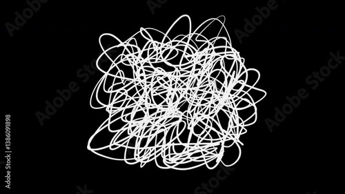 Doodle white chaotic scribble ink stroke or pencil lines group in circle or spherical silhouette. Set of abstract 2d animation insane tangled hand drawn element isolated on black background.