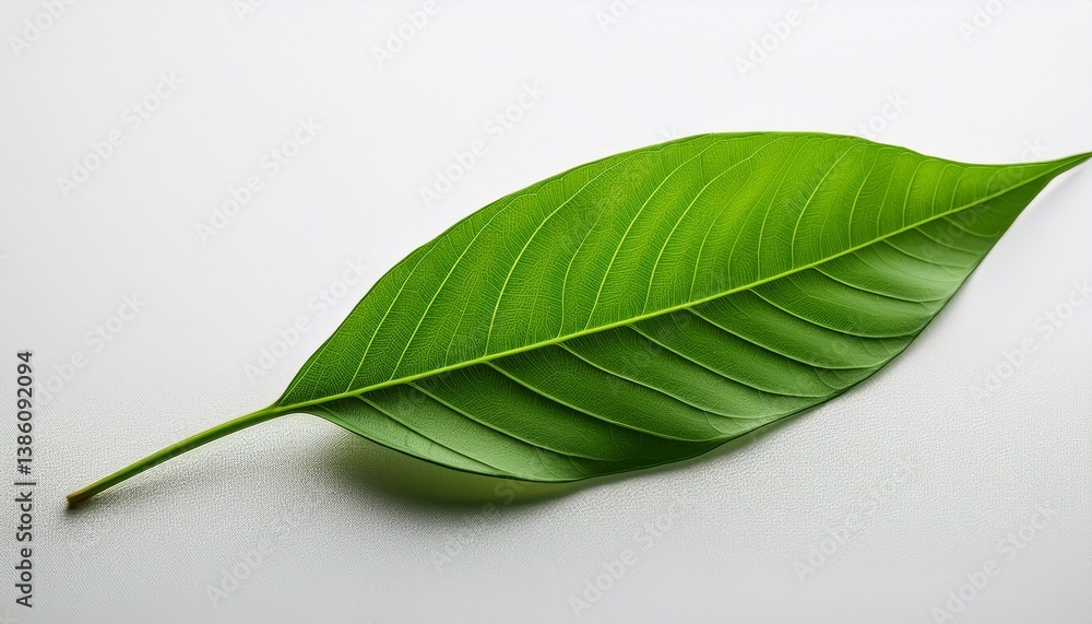 Fototapeta premium vivid green leaf against a pure white canvas white or white background
