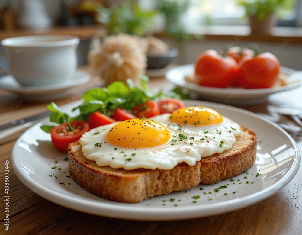 Delicious Breakfast Toast with Fried Eggs, Tomatoes and Greens Delicious Breakfast Toast with Fried Eggs, Tomatoes and Greens