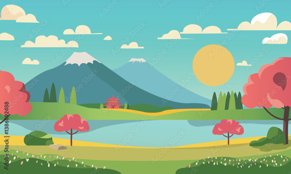 Obraz premium A serene vector illustration in a cartoon style depicts a tranquil Japanese landscape.