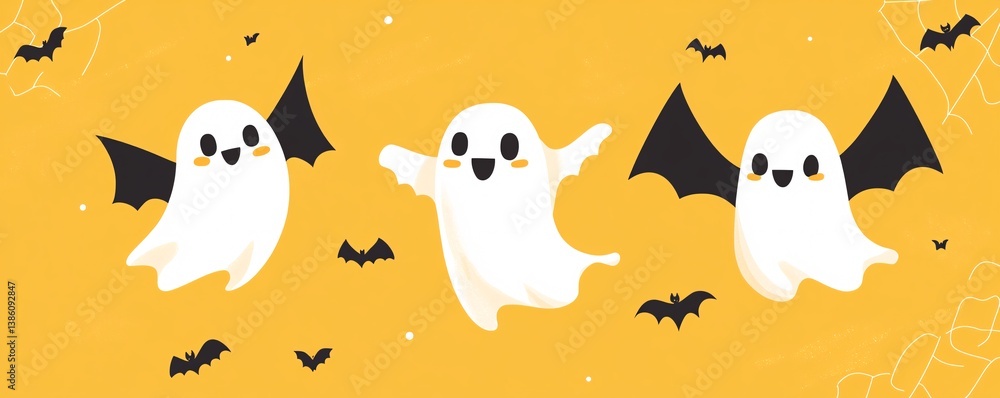 Three cute ghosts with bat wings flying on yellow halloween background Three cute ghosts with bat wings flying on yellow halloween background