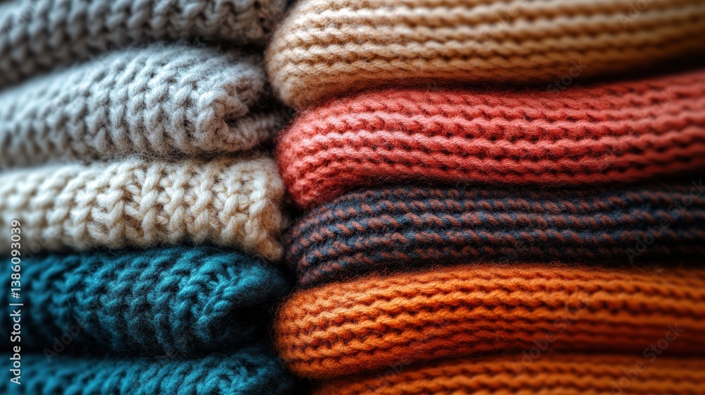 A close-up of a stack of cozy knitted scarves in various shades of winter colors. A close-up of a stack of cozy knitted scarves in various shades of winter colors.
