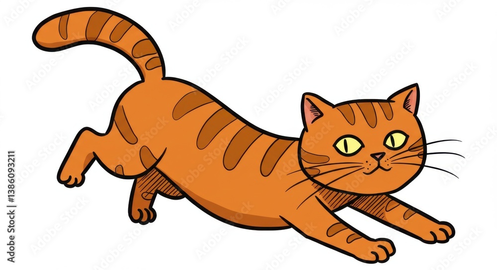 Naklejka premium Cartoon Orange Striped Cat Pouncing with Playful Expression on White Background