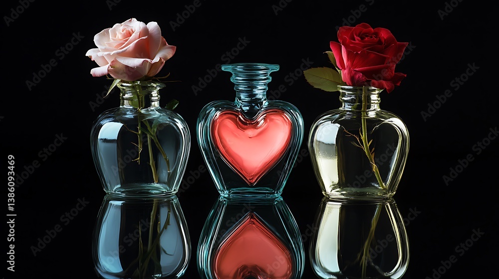 Three vases with roses against a reflective black background