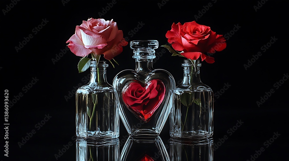 Three vases hold beautiful roses against a dark reflective surface