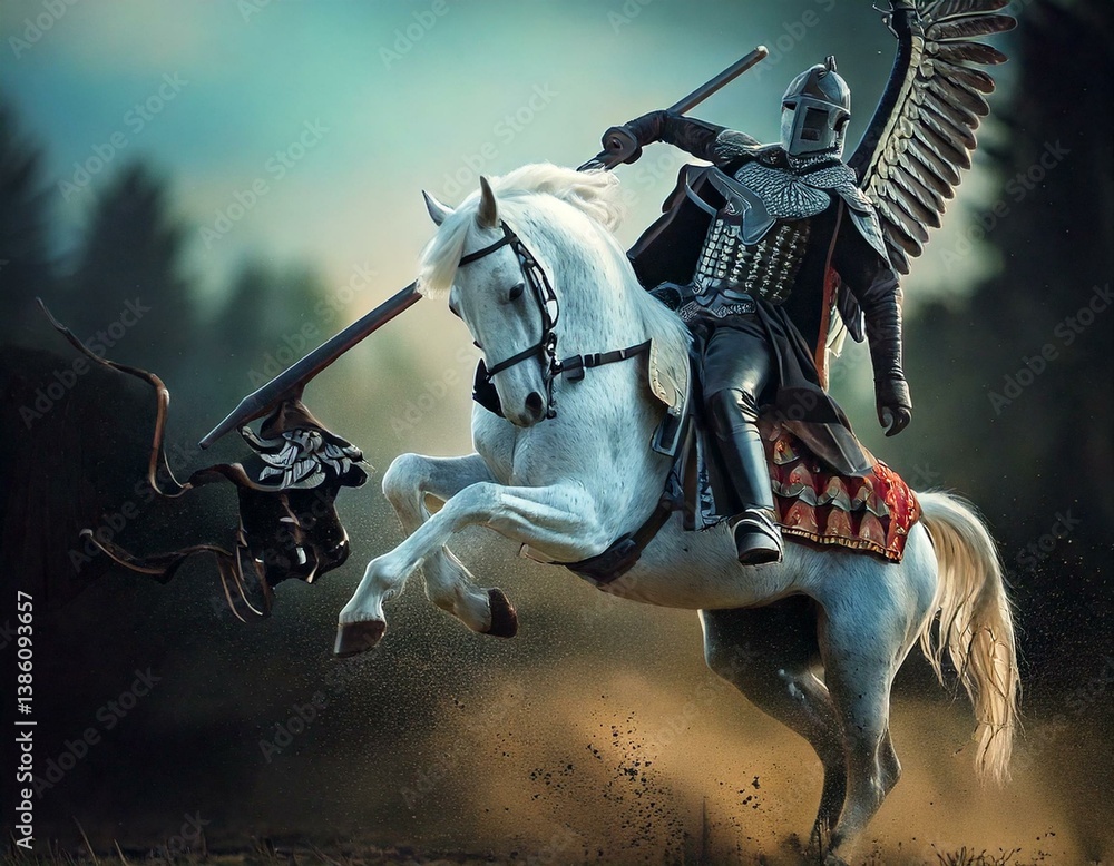 Fototapeta premium Polish hussar, a winged knight with a lance in his hand attacking on horseback 