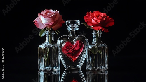 Obraz na płótnie Three vases hold beautiful roses against a dark reflective surface w salonie