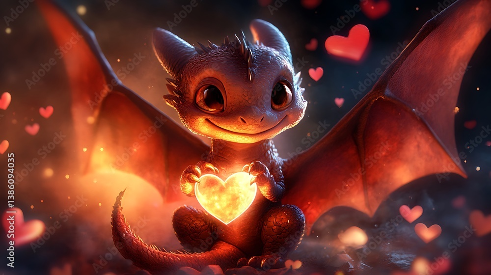 A Cute Dragon With Heart Holding Wings On Display