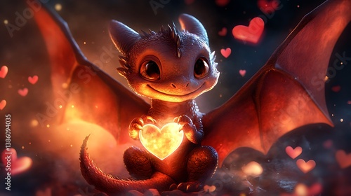 A Cute Dragon With Heart Holding Wings On Display
