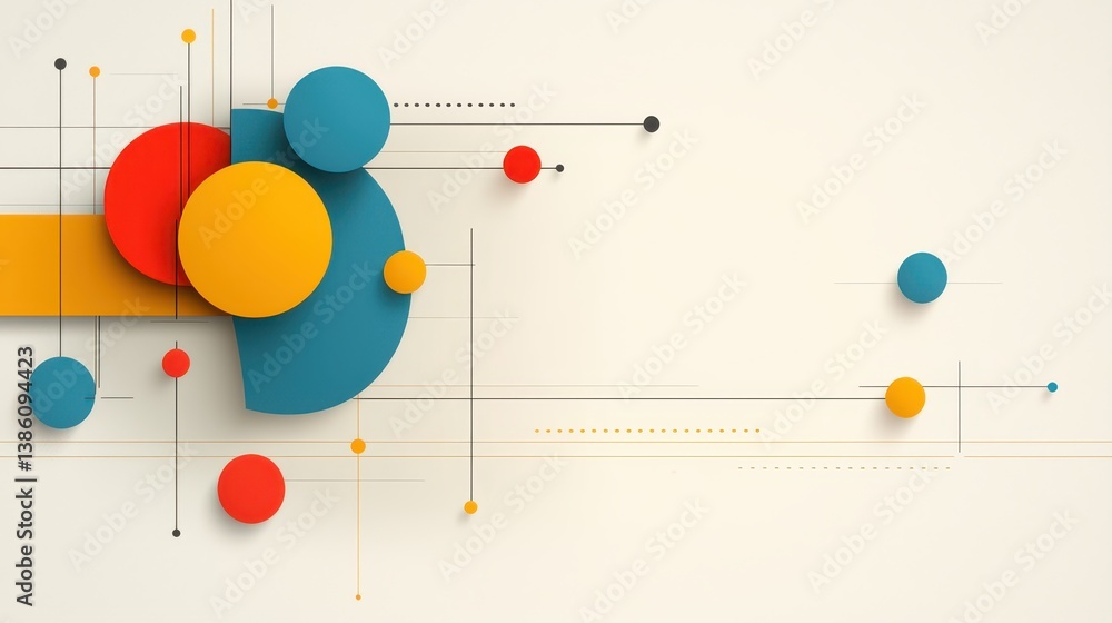 Colorful abstract art, dynamic interplay of circles, lines, and hues in modern design Colorful abstract art, dynamic interplay of circles, lines, and hues in modern design