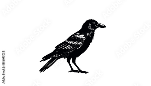 Black crow illustration against white background  