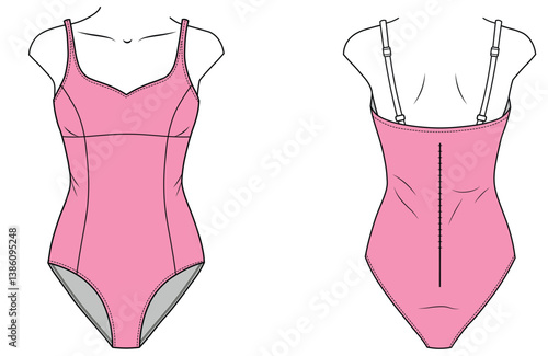 Pink One-Piece Swimsuit with Sweetheart Neckline, High-Cut Leg Openings, and Center Back Seam, Detailed Flat Sketch: Women's Swimsuit with Front Bust Seam, Adjustable Shoulder Strap Technical Drawing