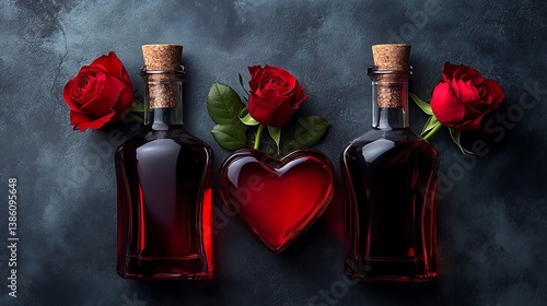Two bottles of liquid and flowers beside a heart
