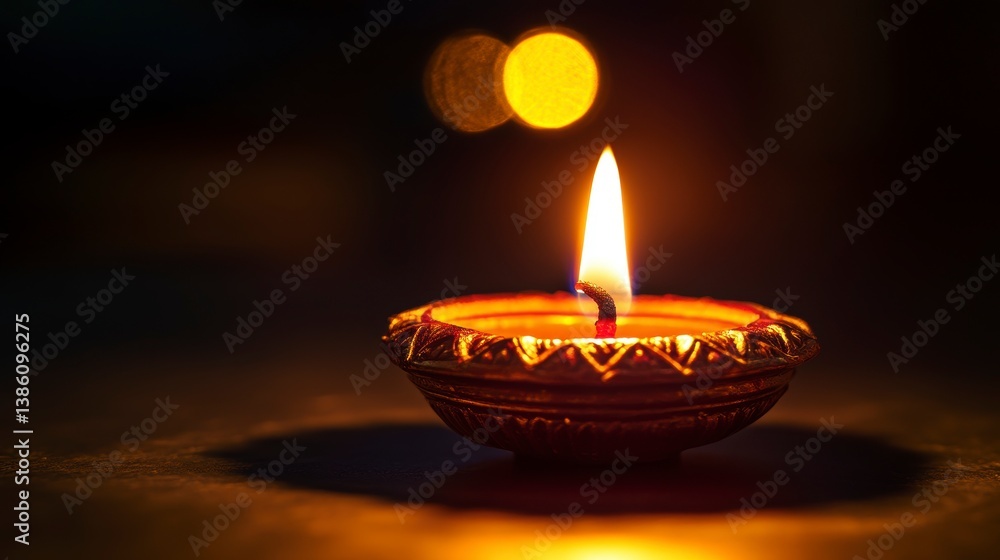 A single lit diya, a traditional oil lamp, glows brightly against a dark background, casting a warm light. A single lit diya, a traditional oil lamp, glows brightly against a dark background, casting a warm light.