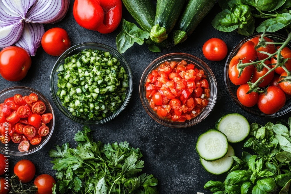 Fresh vegetables and herbs on dark surface overhead shot showcasing vibrant colors and healthy ingredients for culinary inspiration and healthy eating Fresh vegetables and herbs on dark surface overhead shot showcasing vibrant colors and healthy ingredients for culinary inspiration and healthy eating