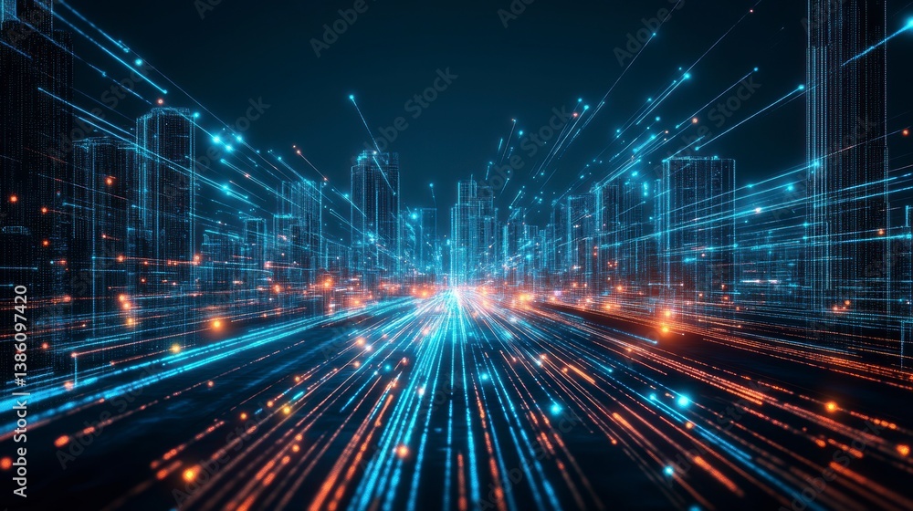 Futuristic city skyline with glowing lines representing digital connections and data flow. Futuristic city skyline with glowing lines representing digital connections and data flow.