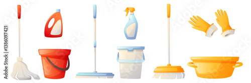 Cleaning tools, housework equipment, cleaning kit, cleaning agent, sprayer, broom, mop, bucket, house cleaning vector illustration. Spring cleaning, cleaning, cleanliness in the house.