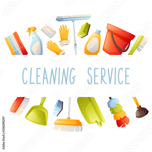 Square postcard, design element on the topic of cleaning service. Cleaning set, cleaning tools, cleaning agent, vector illustration. Spring cleaning, cleaning, cleanliness in the house.