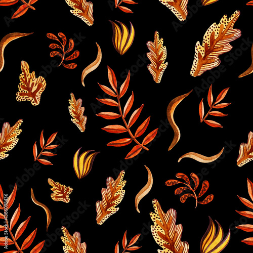 Watercolour falling stylisation pattern. Autumn leaves. Palm and oak leaves