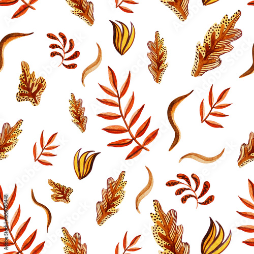 Watercolour falling stylisation pattern. Autumn leaves. Palm and oak leaves