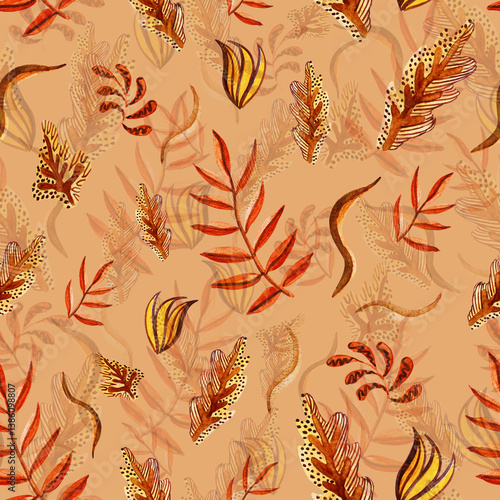 Watercolour falling stylisation pattern. Autumn leaves. Palm and oak leaves