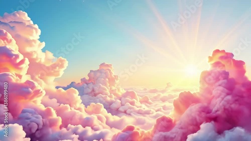 Cotton candy clouds glowing in the morning light with a rising sun
