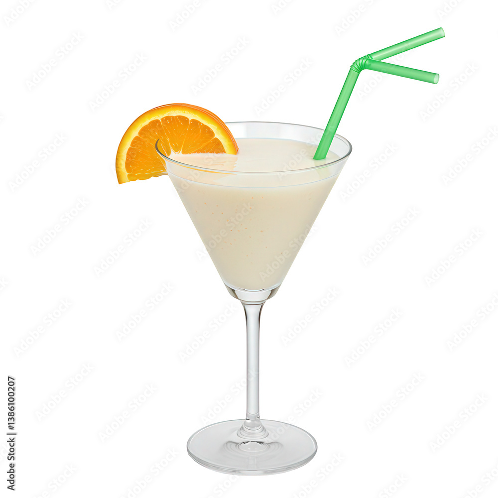 Creamy citrus smoothie in a martini glass garnished with an orange slice and a straw. Creamy citrus smoothie in a martini glass garnished with an orange slice and a straw.