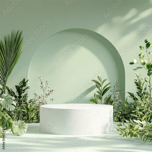 White pedestal surrounded by greenery; product display; natural light; trendy aesthetic