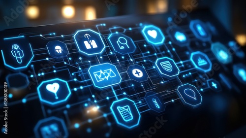 Digital health interface with various interconnected medical icons.  Interactive system for patient care and management