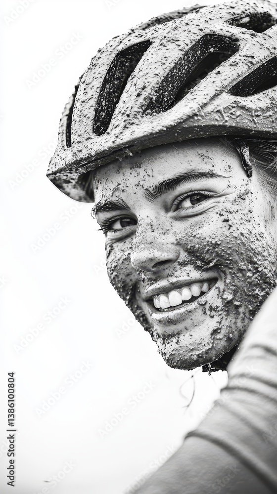 A cyclist grins joyfully, their face covered in mud, glowing with enthusiasm after navigating a tough trail surrounded by nature A cyclist grins joyfully, their face covered in mud, glowing with enthusiasm after navigating a tough trail surrounded by nature
