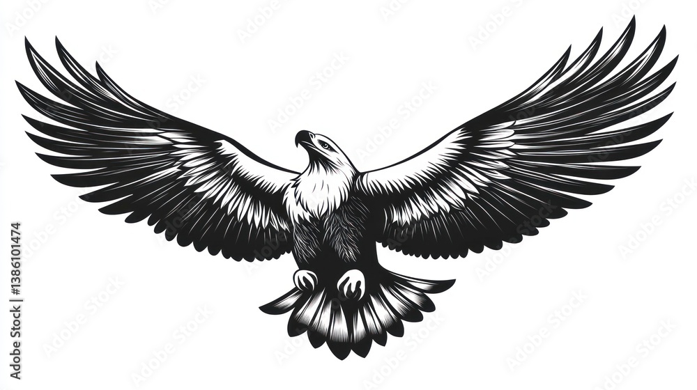 Fototapeta premium Eagle Soaring with Open Wings Black and White Vector Illustration